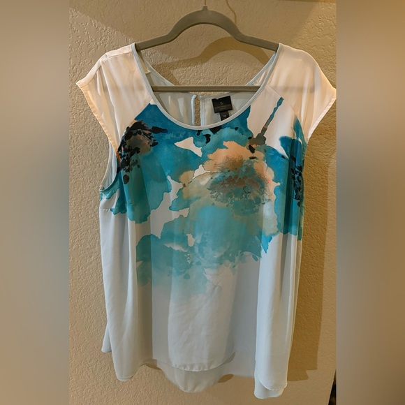 Worthington Woman’s Blue Green Gold Wave Print 1X Plus Size Top Sleeveless - Picture 1 of 5